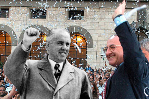 Hoxha e De Luca a confronto in Piazza Amendola a Salerno, in un fotomontaggio